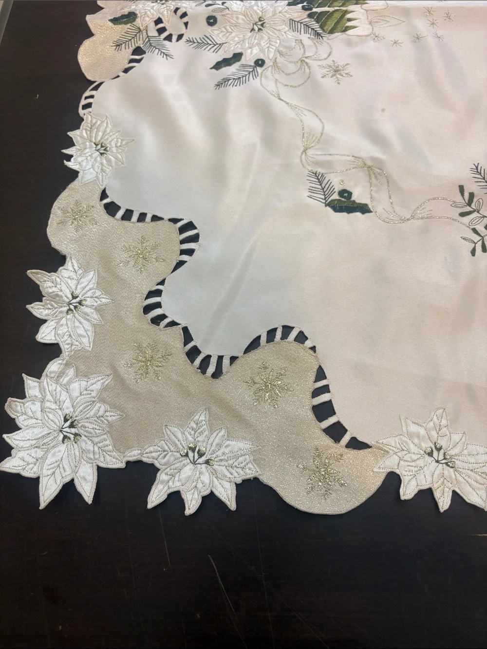 Embroidered Ivory and Green Christmas Candle Tablecloth